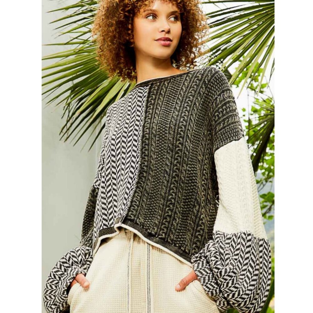 POL 39066  Contrasting Balloon Sleeve Sweater